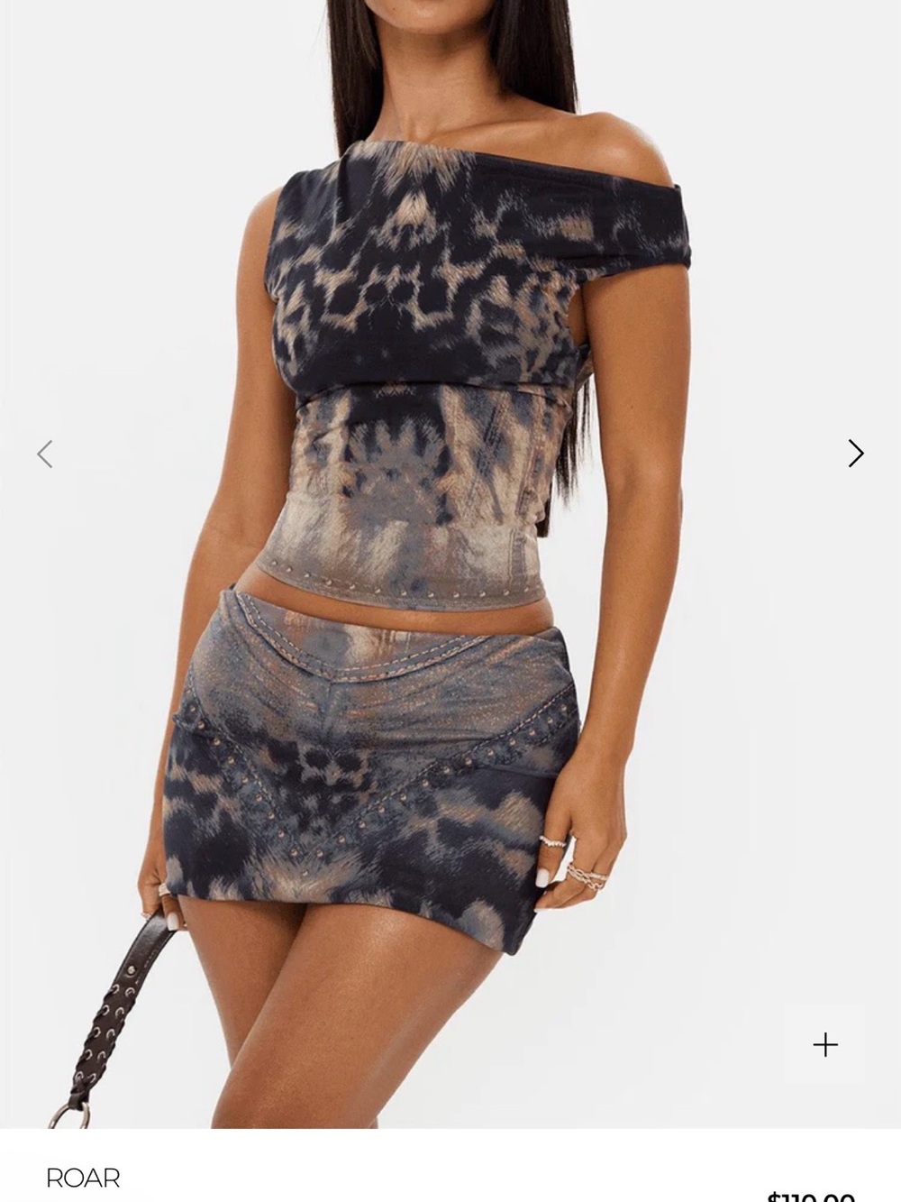 Roar Black & Tan Tie-Dye Off-Shoulder Crop Top and Mini Skirt Set
